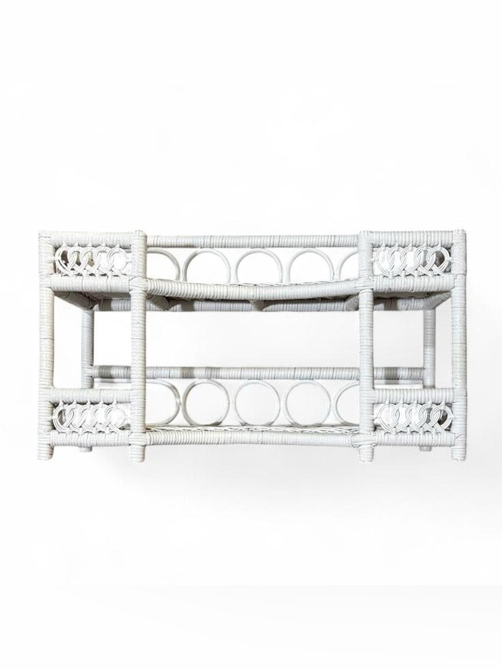 Vintage White Wicker Wall Shelf 2Tier Boho Rattan Hanging Display Rack Circles